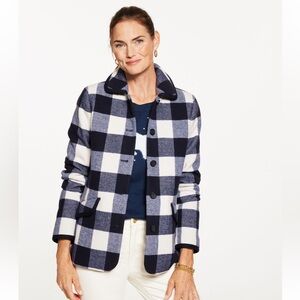 Talbots Buffalo Check Navy White Wool Blend Jacket Size XL Preppy Nautical